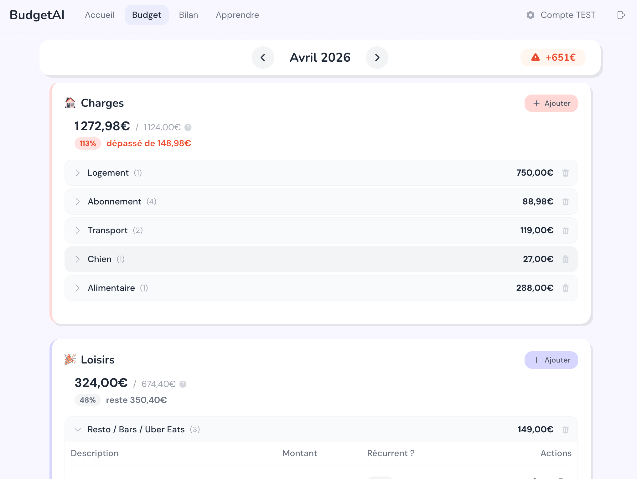 Aperçu de BudgetAI — page budget